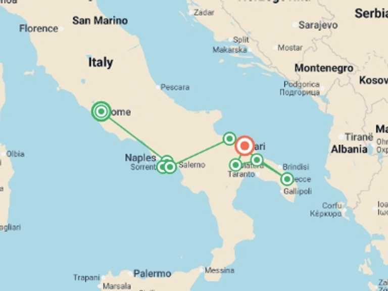 Map itinerary of Italy Tour in October 2027 with 9 destination visits for the trip: Rome to Southern Italy: Amalfi & Puglia