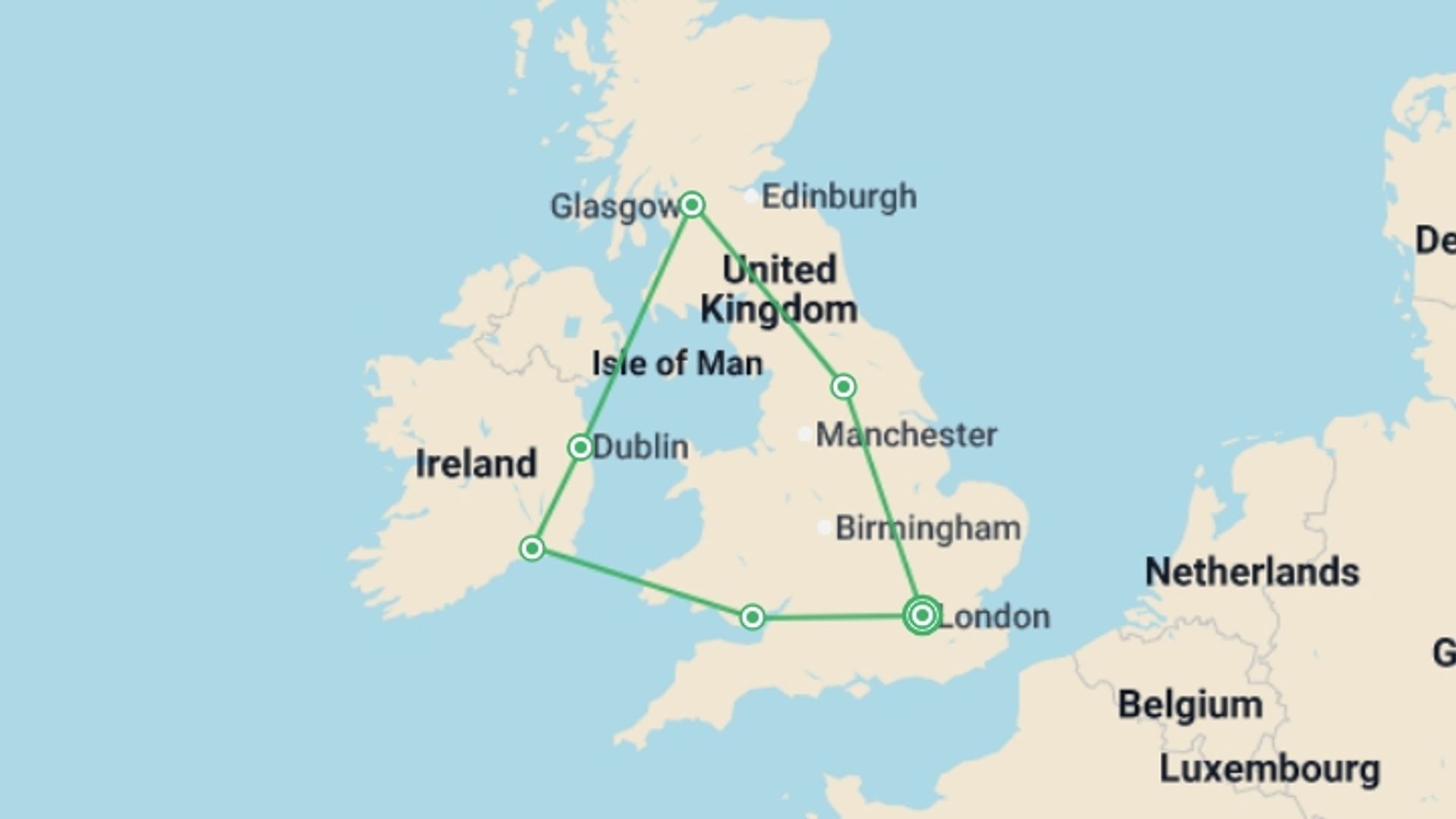 A map showing the tour itinerary for the trip: Britain and Ireland Highlights, starting in London, England and ending in London, England going through 5 other destinations.