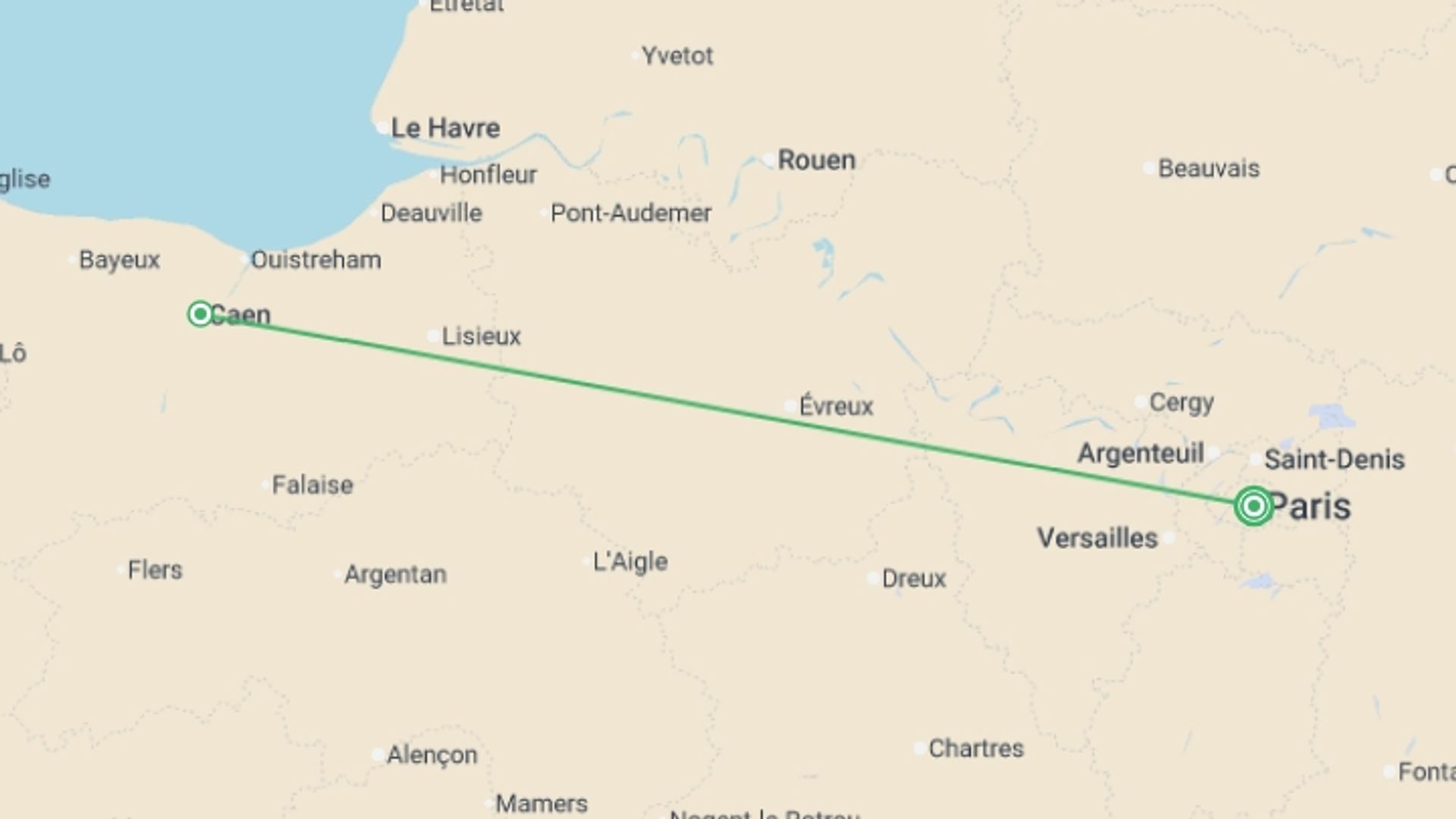 A map showing the tour itinerary for the trip: Brittany and Normandy, starting in Paris, France and ending in Paris, France going through 1 other destinations.