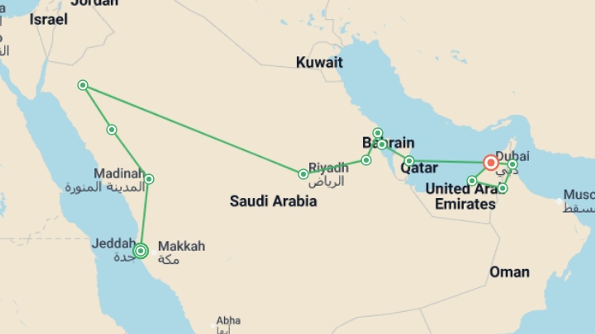 A map showing the tour itinerary for the trip: Mysteries of Arabia and beauties of the Persian Gulf, starting in Jeddah, Saudi Arabia and ending in Dubai, UAE going through 11 other destinations.