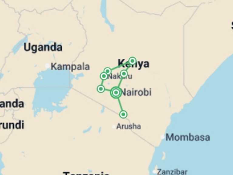 Map of Kenya Tour with 8 destination visits for the trip: The Plains of Africa Kenya Wildlife Safari