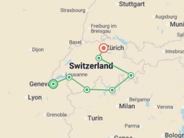 Map itinerary of Europe Tour in July 2026 with 6 destination visits for the trip: Glorious Switzerland