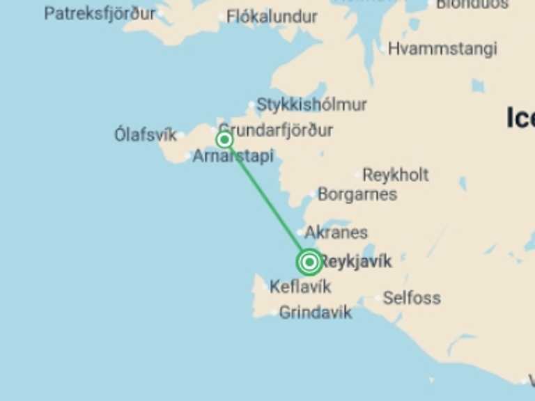 Map itinerary of Reykjavik Tour in Fall with 2 destination visits for the trip: Iceland Northern Lights Experience 2D/1N