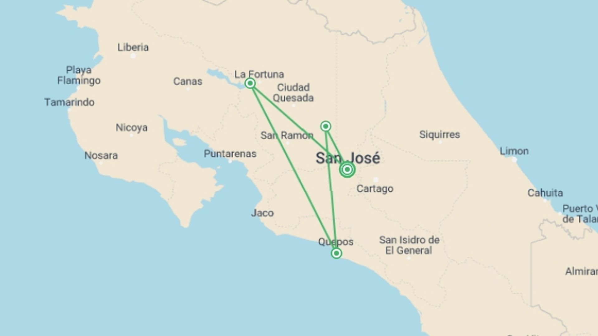 A map showing the tour itinerary for the trip: Costa Rica & Manuel Antonio 8 Days, Self-drive, starting in San Jose, Costa Rica and ending in San Jose, Costa Rica going through 3 other destinations.