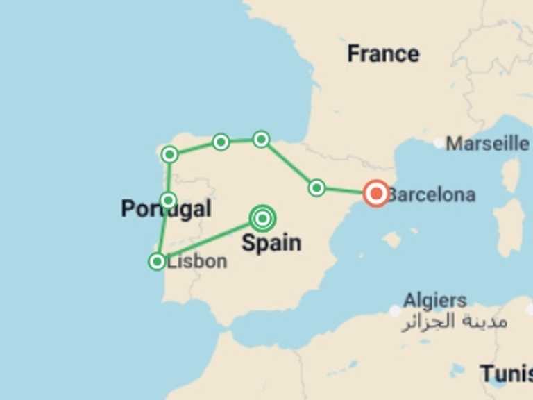 Map itinerary of Lisbon Tour in December 2025 with 8 destination visits for the trip: Iberian Triangle with Barcelona