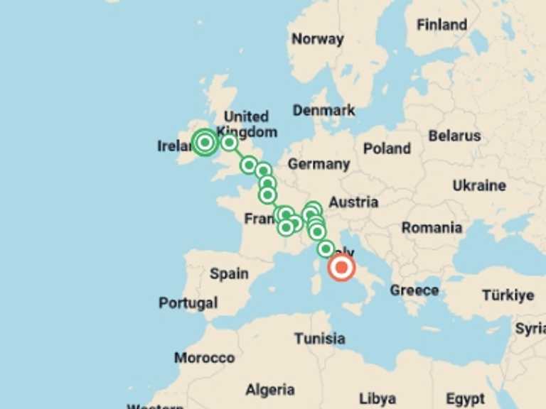 Map of Dublin Art and architecture Tour with 8 destination visits for the trip: Crossing Europe end Rome