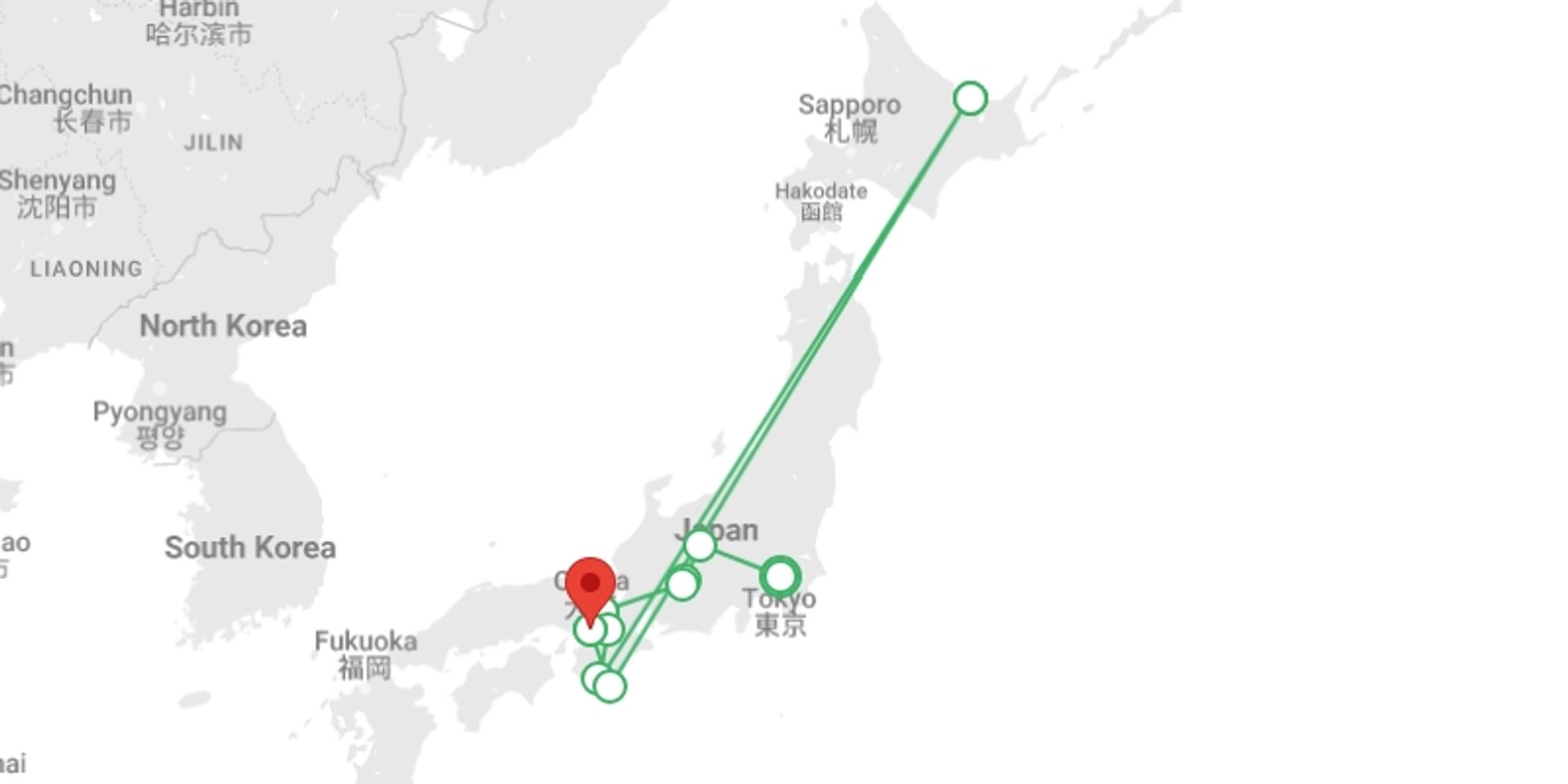 A map showing the tour itinerary for the trip: Walk Japan - Kumano Kodo Trail, starting in Tokyo, Japan and ending in Osaka, Japan going through 7 other destinations.