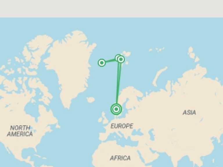 Map of Northern Europe Tour with 5 destination visits for the trip: Spitsbergen, Greenland and Iceland - M/V Sylvia Earle
