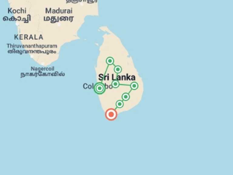 Map itinerary of Sri Lanka Tour in April 2027 with 7 destination visits for the trip: Off The Beaten Path