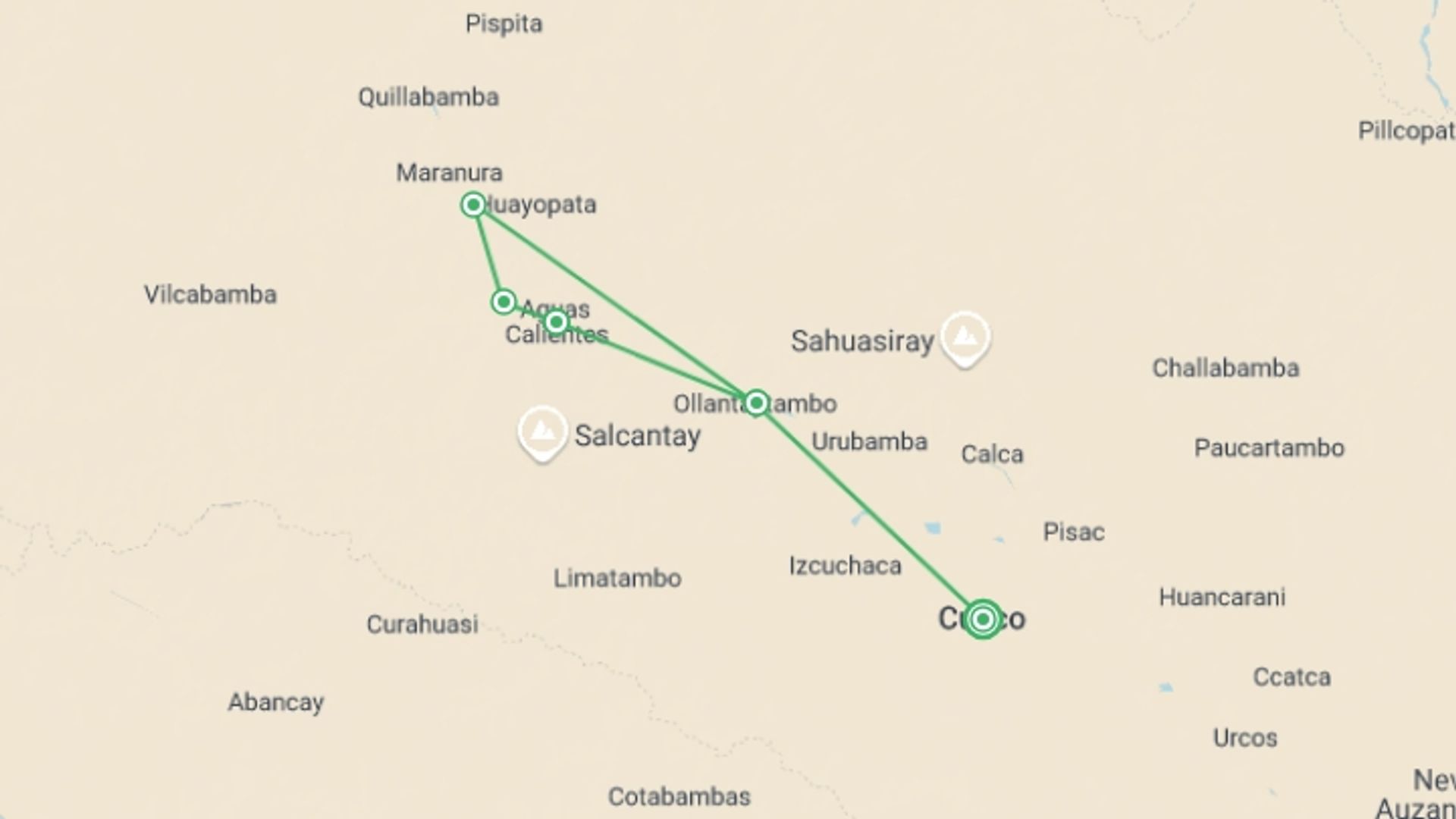 A map showing the tour itinerary for the trip: Inca Jungle Trek to Machu Picchu 4D/3N (Biking, Zip-Line & Rafting), starting in Cusco, Peru and ending in Cusco, Peru going through 3 other destinations.