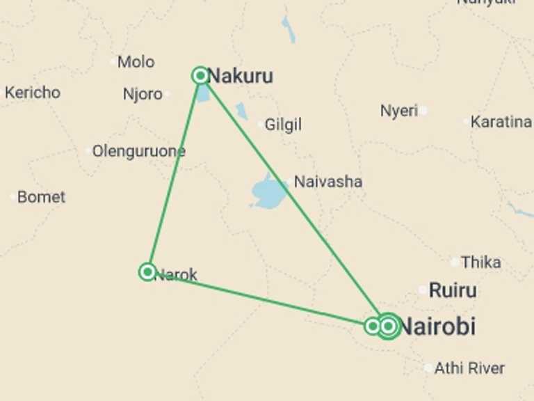 Map of 9-Day Nairobi Tour with 4 destination visits for the trip: Kenya Wildlife Wonders - 9 days