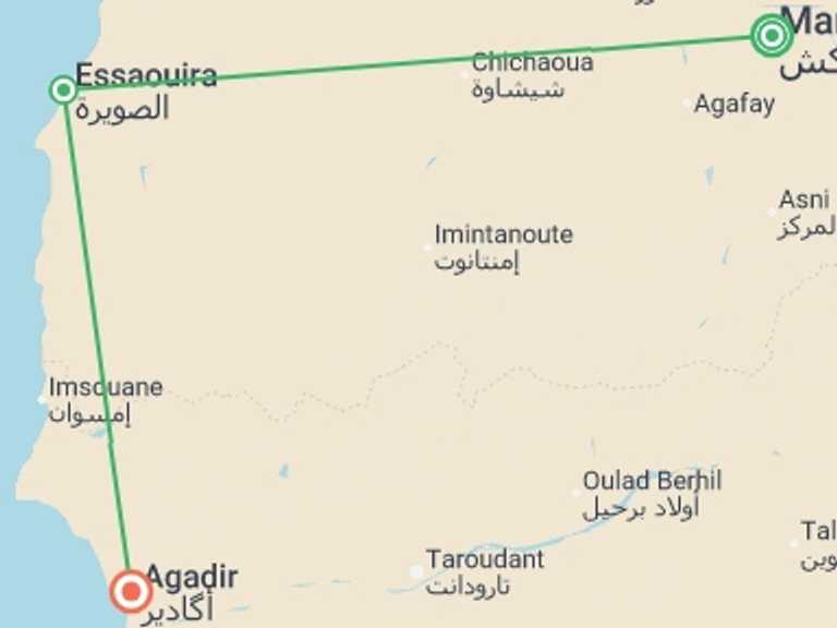 Map itinerary of Morocco Tour in September 2026 with 3 destination visits for the trip: Marrakesh, Essaouira & Agadir, Private Tour