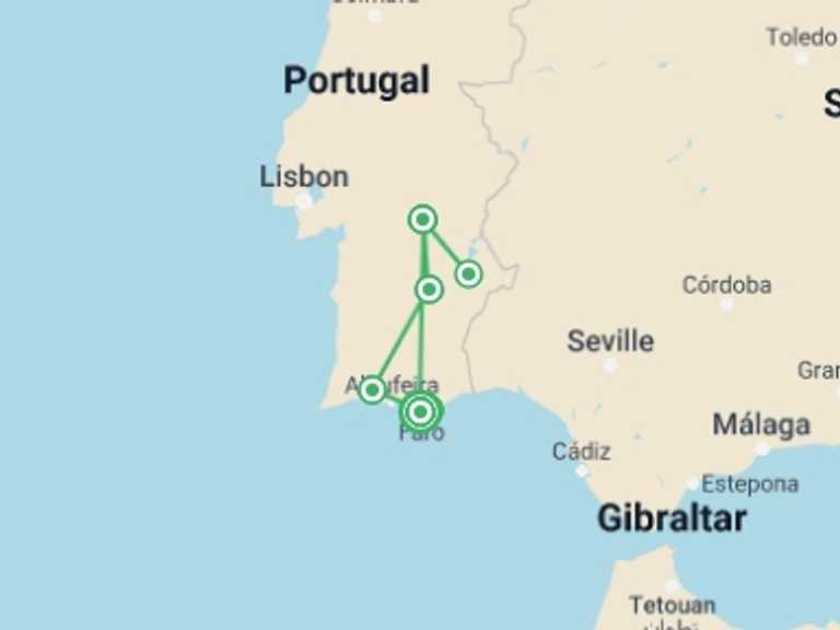 Map of 15-Day Europe Tour with 6 destination visits for the trip: Discovering Algarve And Alentejo, Self-drive