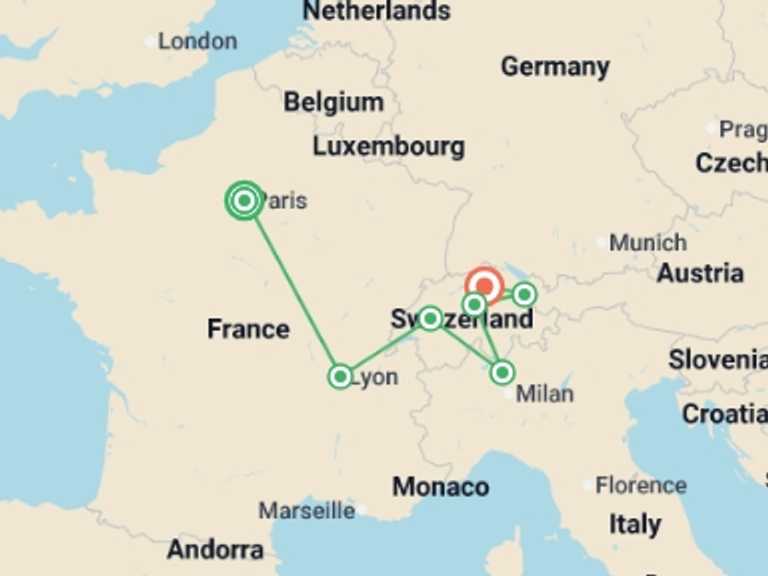 Map of Lucerne City sightseeing Tour with 7 destination visits for the trip: France and Swiss Alps