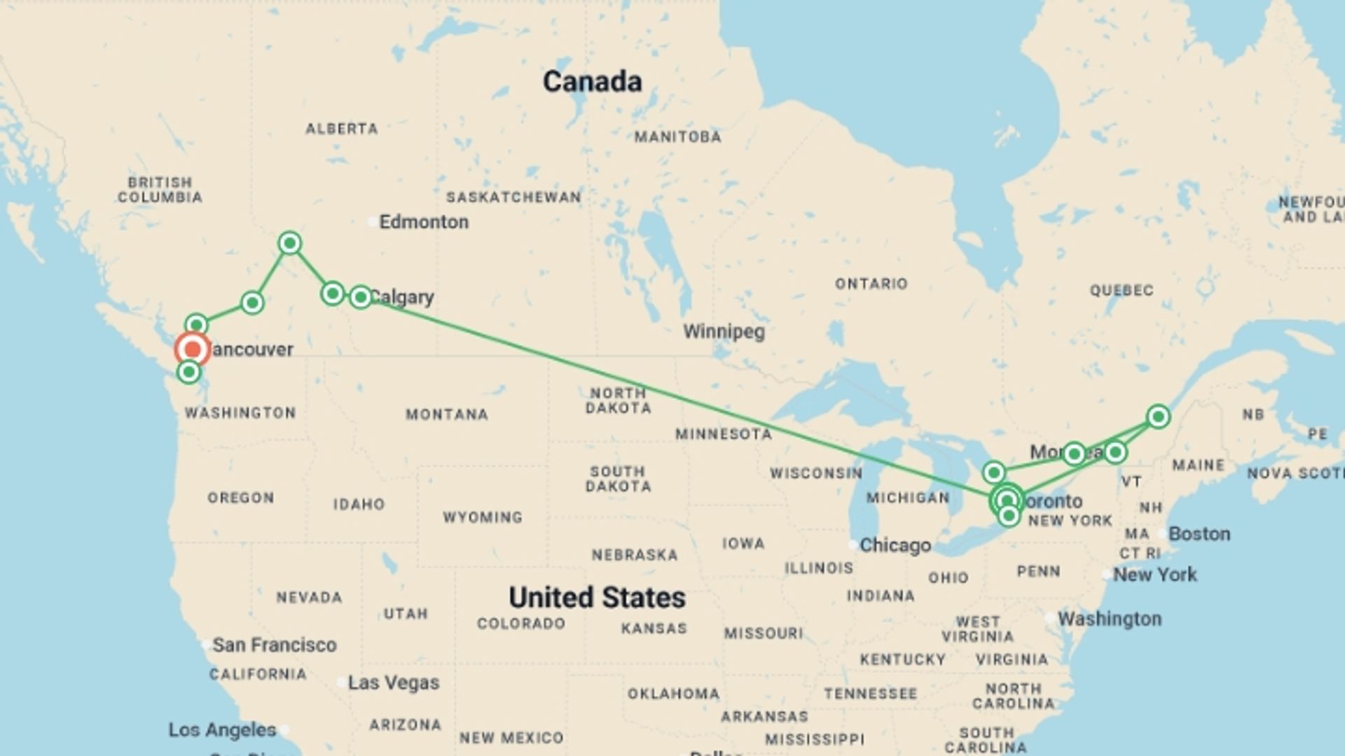 A map showing the tour itinerary for the trip: The Canadiana, starting in Toronto, Canada and ending in Vancouver, Canada going through 13 other destinations.