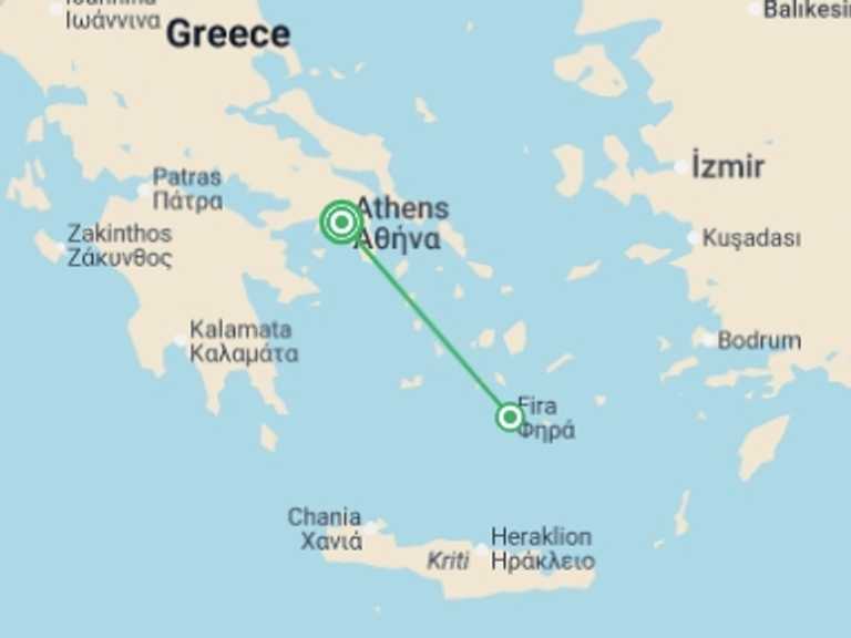 Map itinerary of Balkans Tour in October 2026 with 2 destination visits for the trip: Athens & Santorini Journey - 6 days