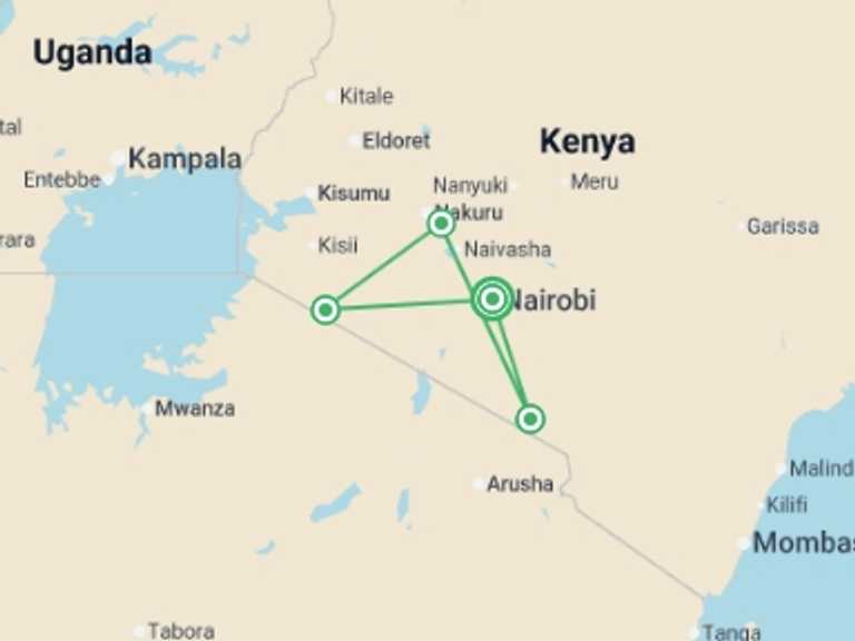 Map itinerary of Africa Tour in February 2026 with 4 destination visits for the trip: Highlights of Kenya