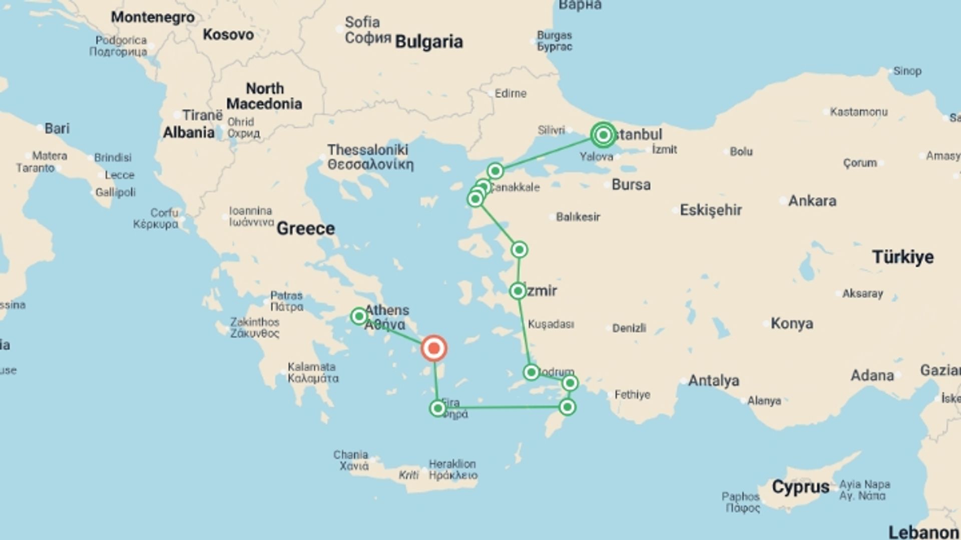 A map showing the tour itinerary for the trip: Glories of Türkiye and Greece, starting in Istanbul, Turkey and ending in Mykonos, Greece going through 7 other destinations.