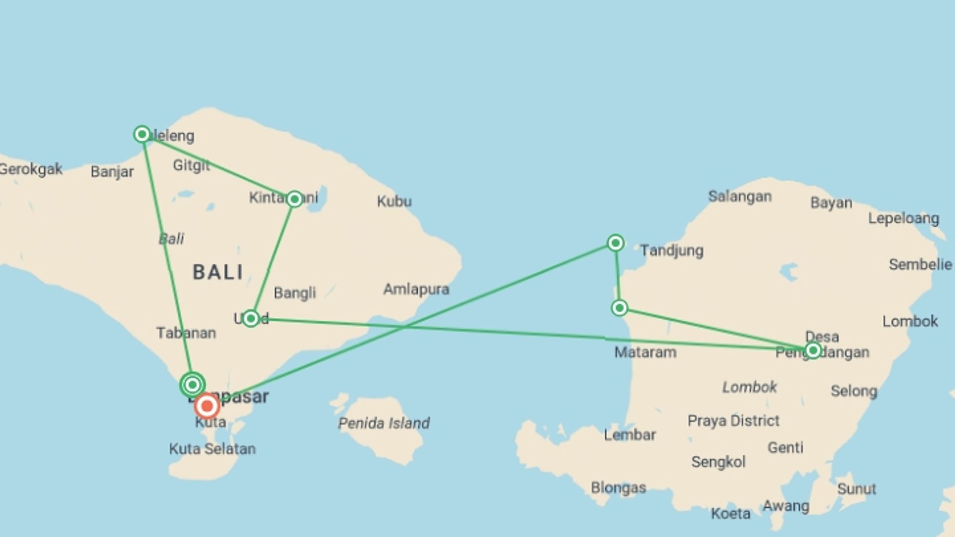 A map showing the tour itinerary for the trip: Bali & Beyond: The Perfect Island Loop, starting in Canggu, Indonesia and ending in Seminyak , Indonesia going through 7 other destinations.