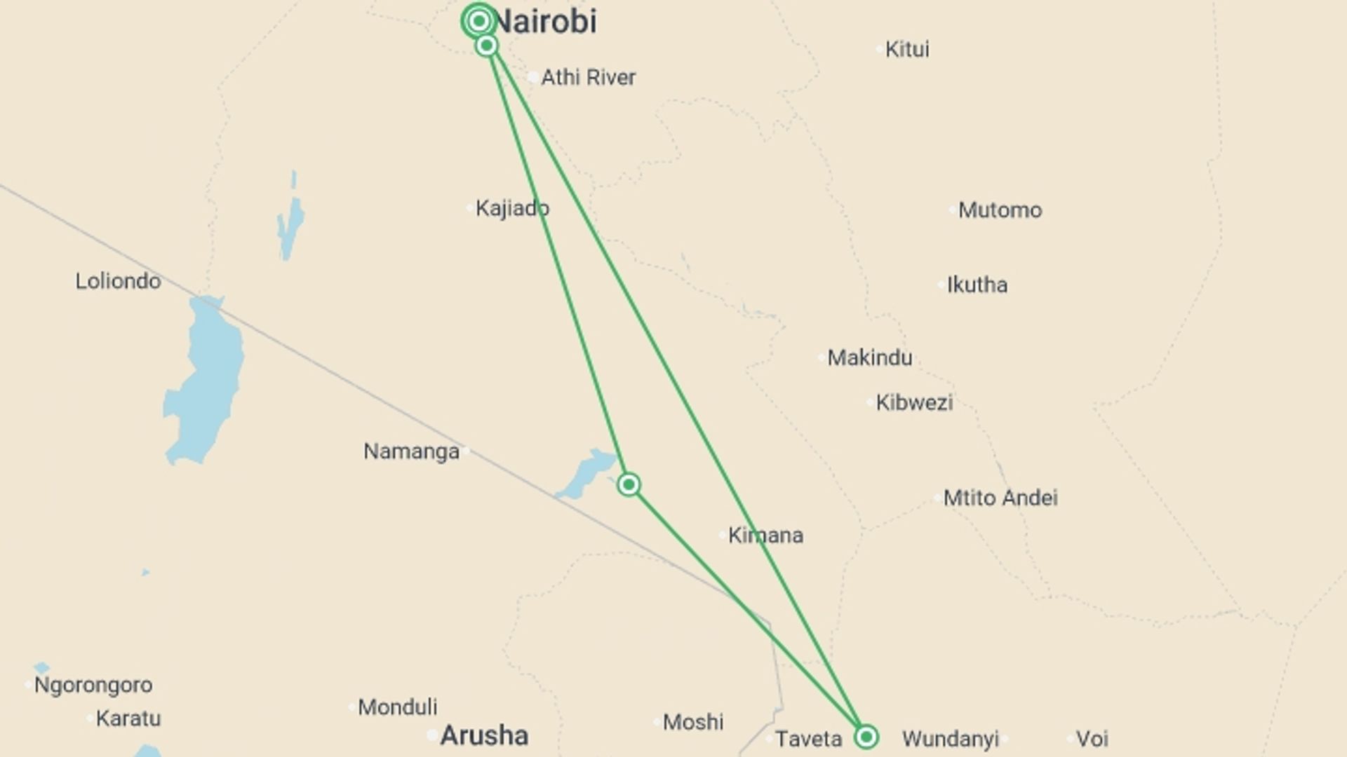 A map showing the tour itinerary for the trip: Kenya Amboseli & Tsavo Safari - 5 days, starting in Nairobi, Kenya and ending in Nairobi, Kenya going through 3 other destinations.