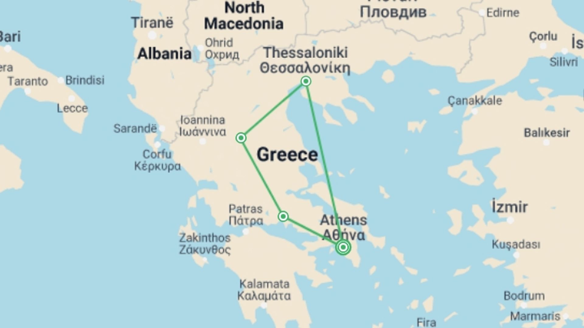 A map showing the tour itinerary for the trip: Ancient Greece on Foot, starting in Athens, Greece and ending in Athens, Greece going through 3 other destinations.