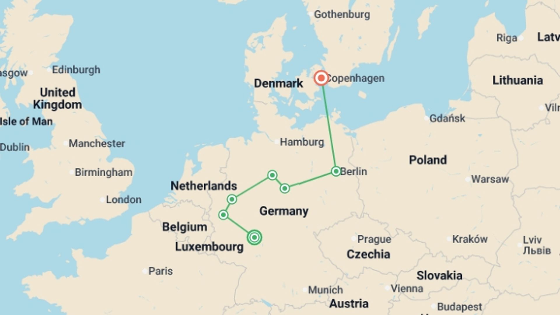 A map showing the tour itinerary for the trip: German Trek End Copenhagen, starting in Frankfurt, Germany and ending in Copenhagen, Denmark going through 3 other destinations.