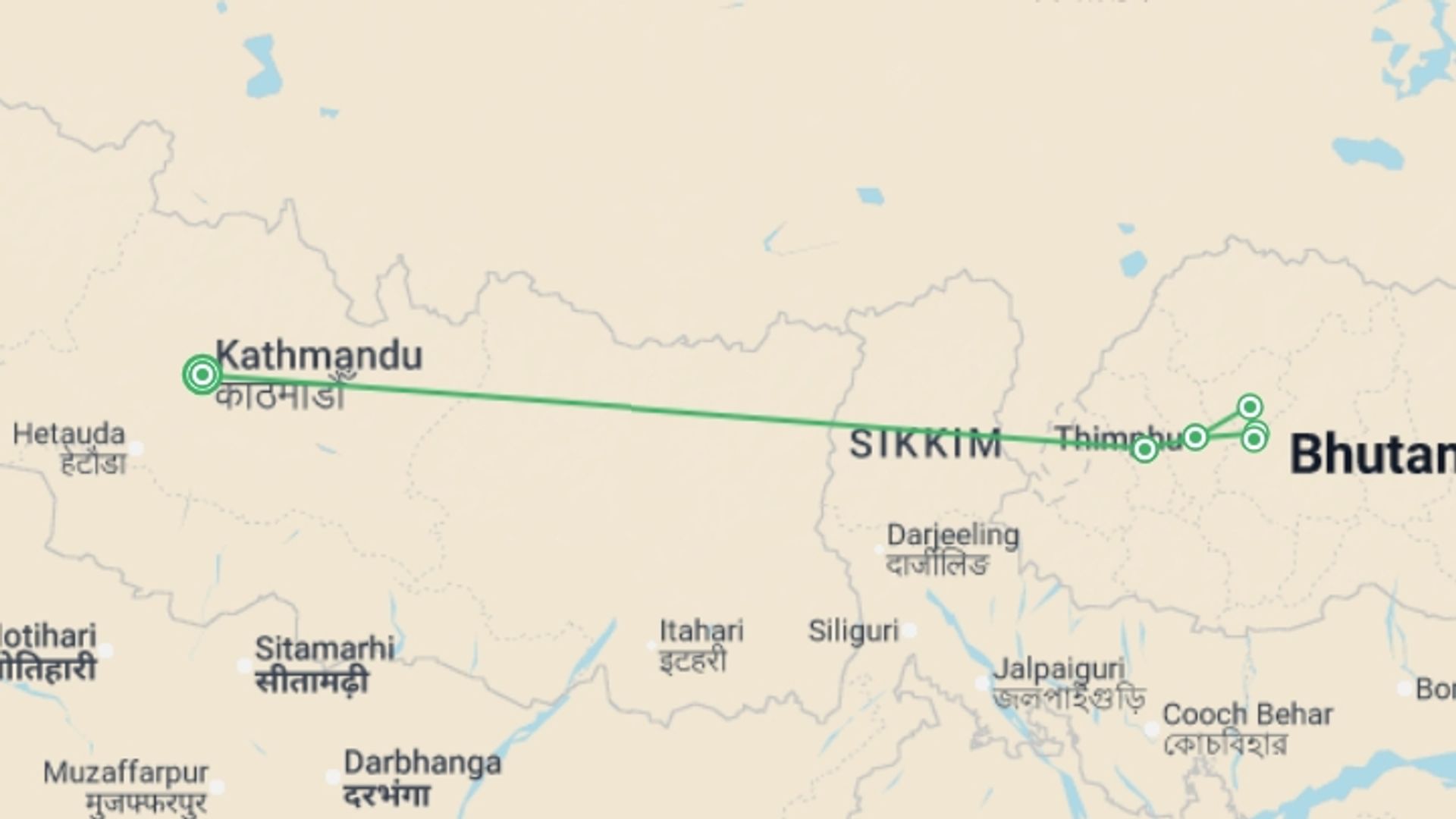 A map showing the tour itinerary for the trip: Discover Bhutan, starting in Kathmandu, Nepal and ending in Kathmandu, Nepal going through 5 other destinations.