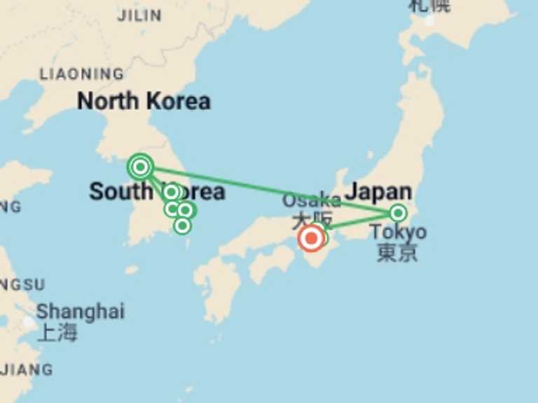 Map itinerary of Osaka Tour in December 2025 with 6 destination visits for the trip: Wonders of Korea and Japan