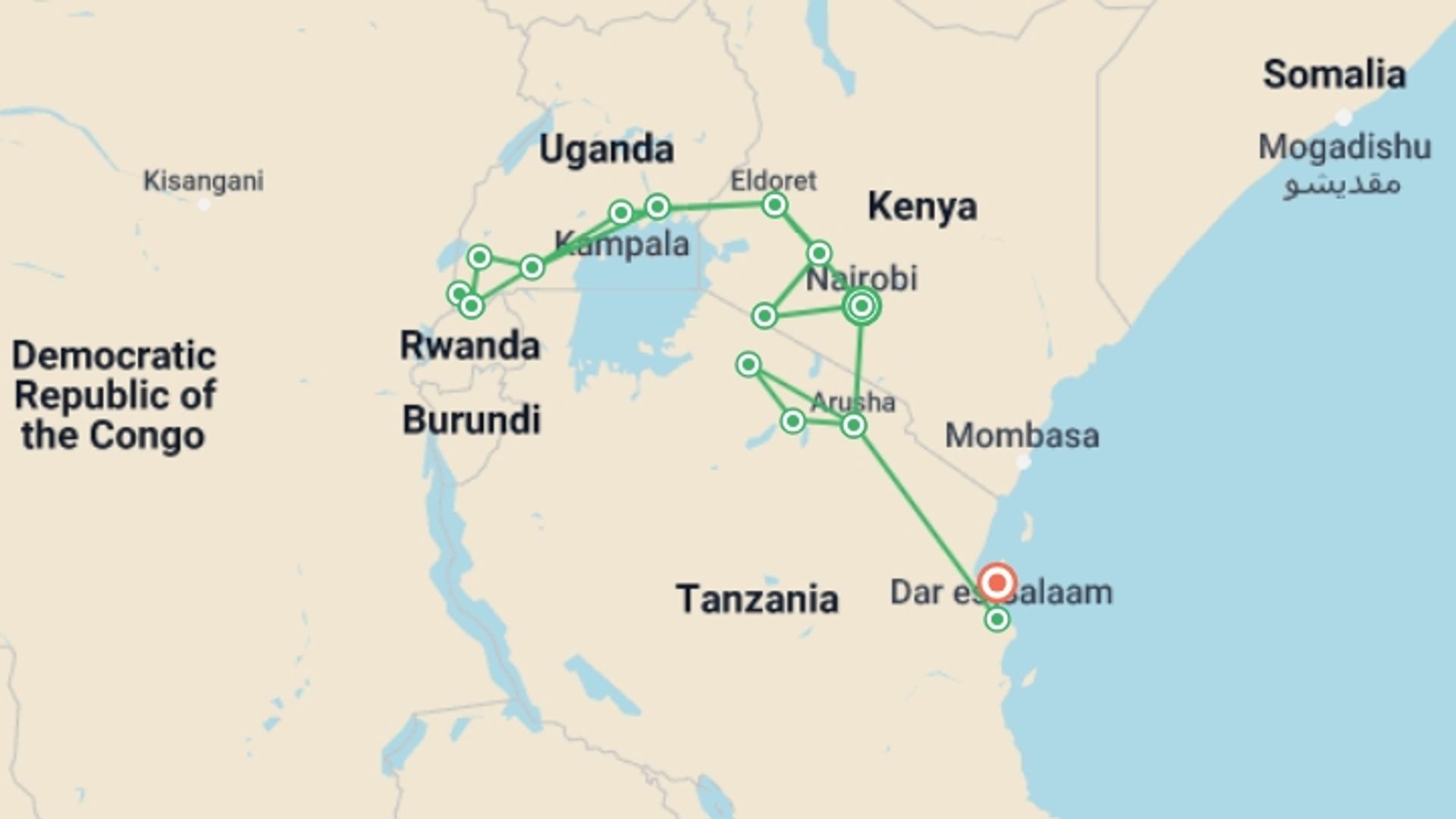 A map showing the tour itinerary for the trip: Ultimate East Africa: Mountains & the Masai Mara, starting in Nairobi, Kenya and ending in Zanzibar, Tanzania going through 14 other destinations.