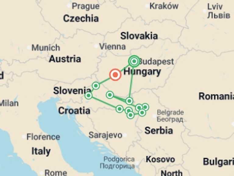 Map itinerary of Croatia Tour in Spring with 9 destination visits for the trip: The majestic Danube, the authentic Sava and Lake Balaton (port-to-port cruise)