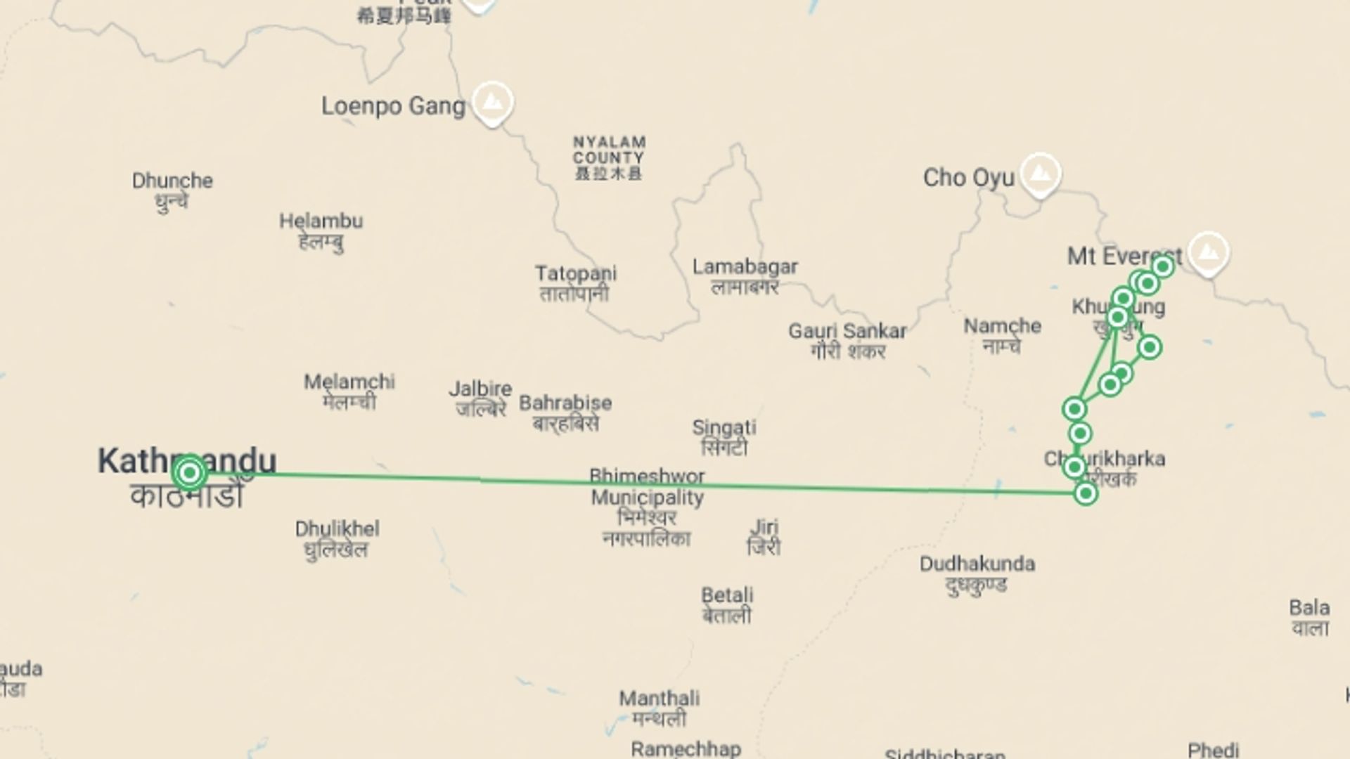 A map showing the tour itinerary for the trip: Everest Base Camp over 55's in Comfort, starting in Kathmandu, Nepal and ending in Kathmandu, Nepal going through 10 other destinations.