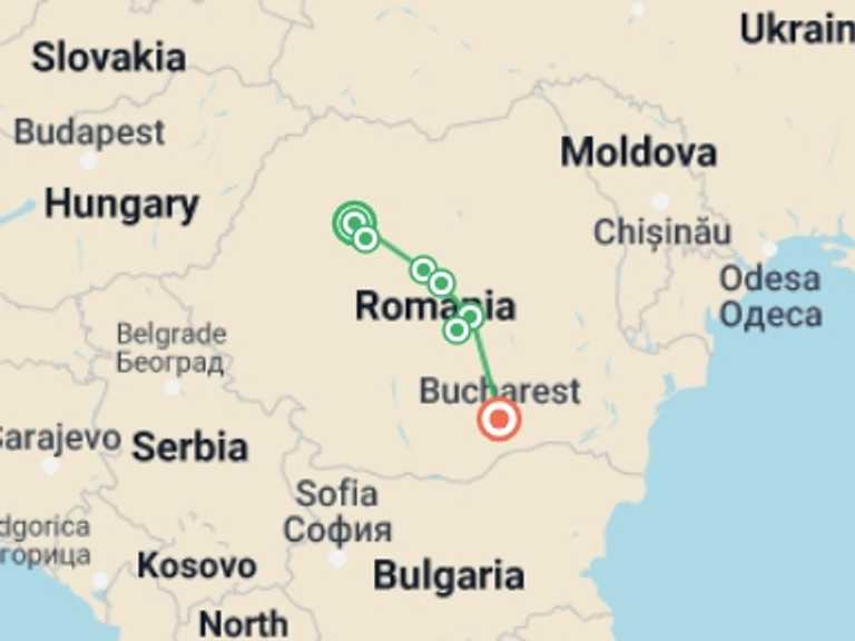 Map of a Festivals and events Tour with 5 destination visits for the trip: Halloween in Transylvania (Southbound)