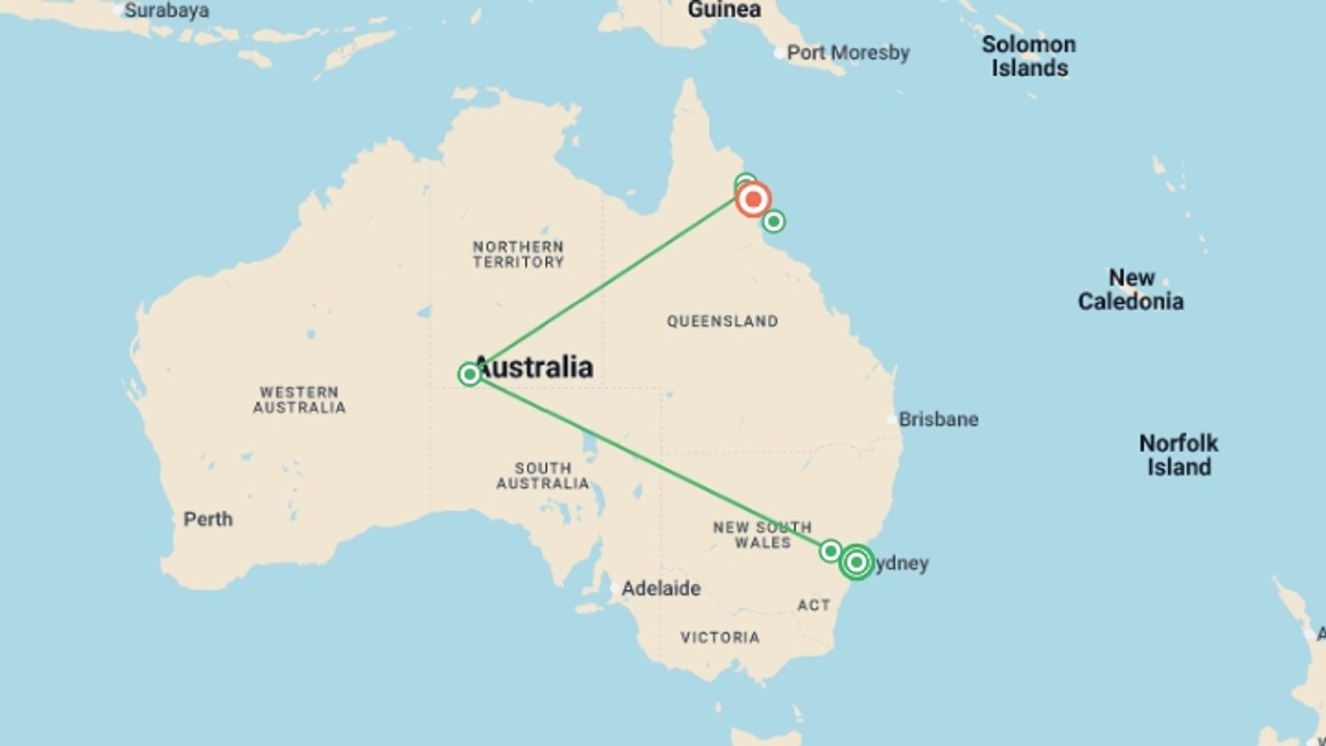 A map showing the tour itinerary for the trip: Australia's Hidden Wonders, starting in Sydney and NSW, Australia and ending in Port Douglas, Australia going through 6 other destinations.