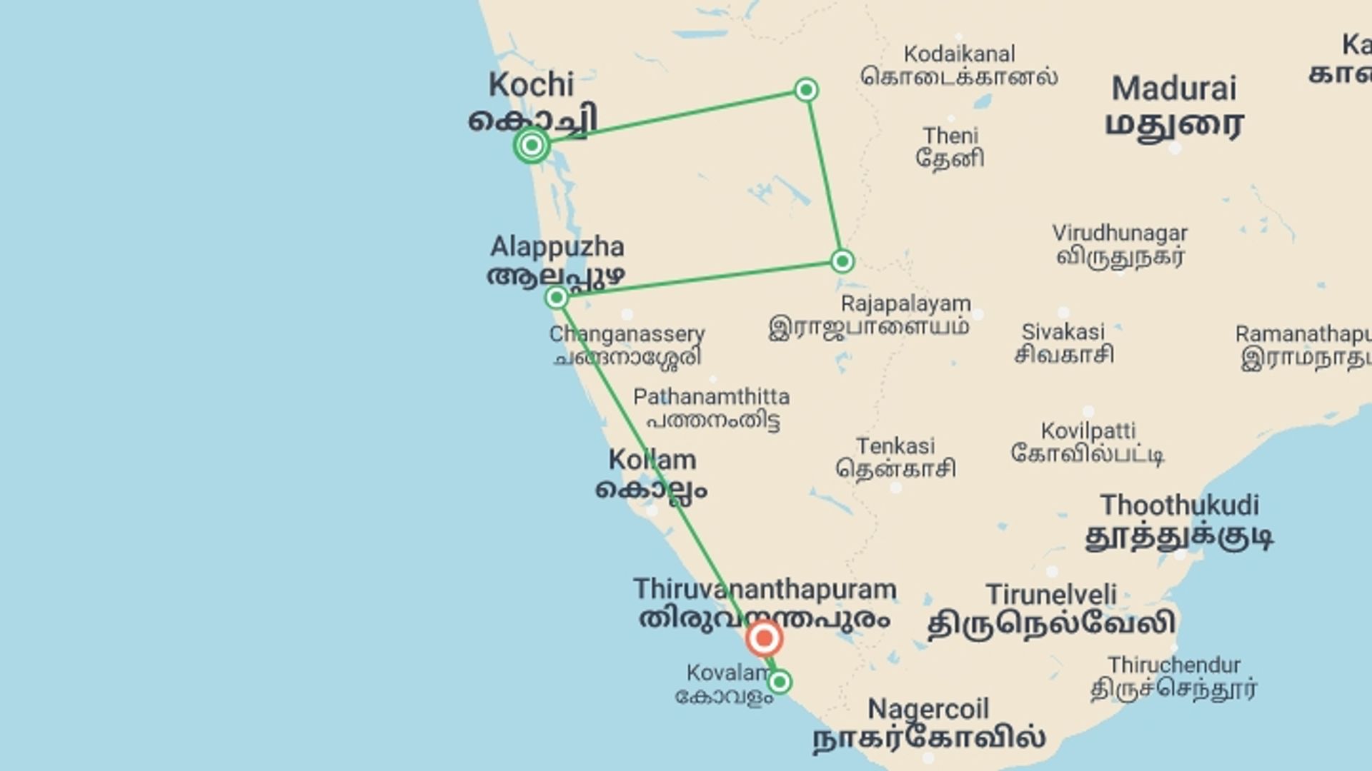 A map showing the tour itinerary for the trip: Explore Kerala in Seven Days, starting in Kochi, India and ending in Trivandrum, India going through 4 other destinations.