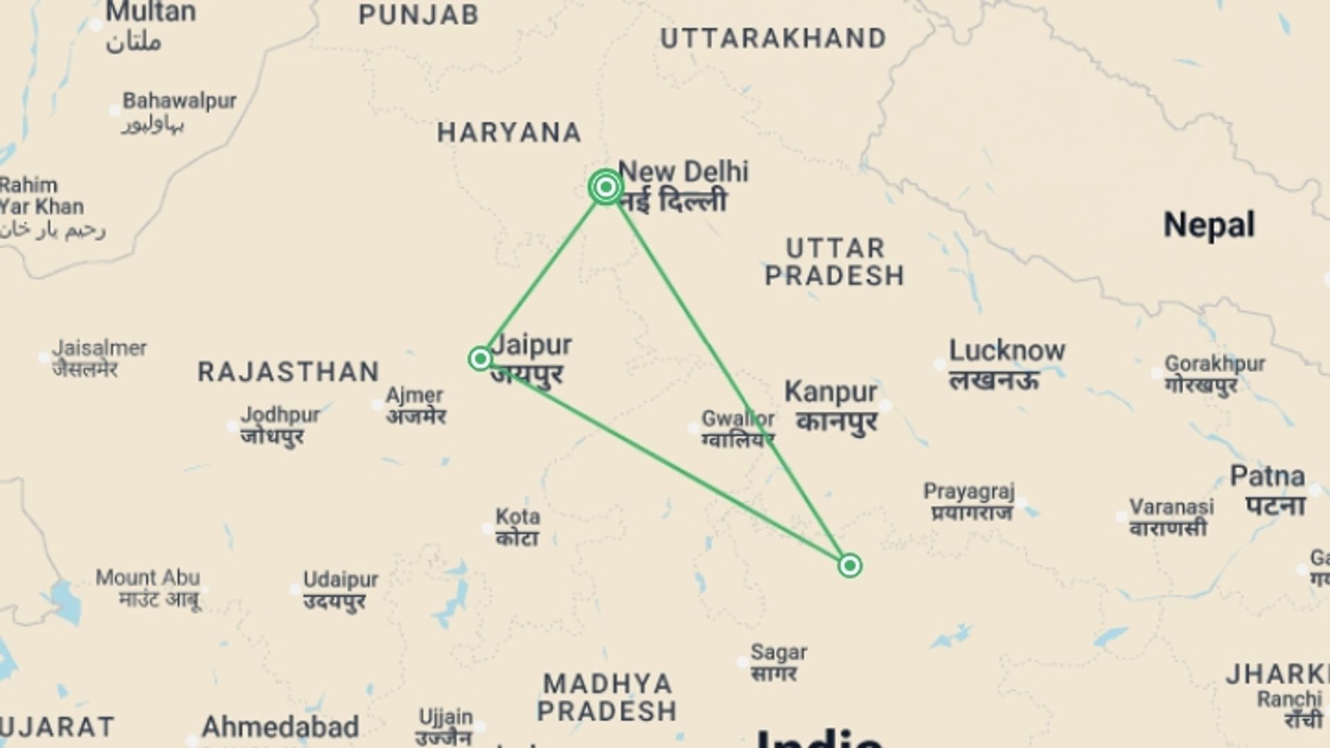 A map showing the tour itinerary for the trip: Golden Triangle & Khajuraho - 8 days, starting in New Delhi, India and ending in New Delhi, India going through 2 other destinations.