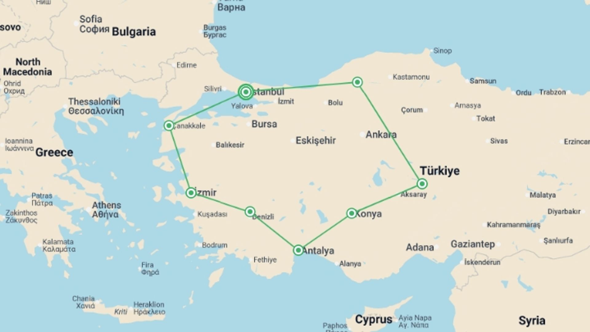 A map showing the tour itinerary for the trip: Treasures of Turkey, starting in Istanbul, Turkey and ending in Istanbul, Turkey going through 7 other destinations.