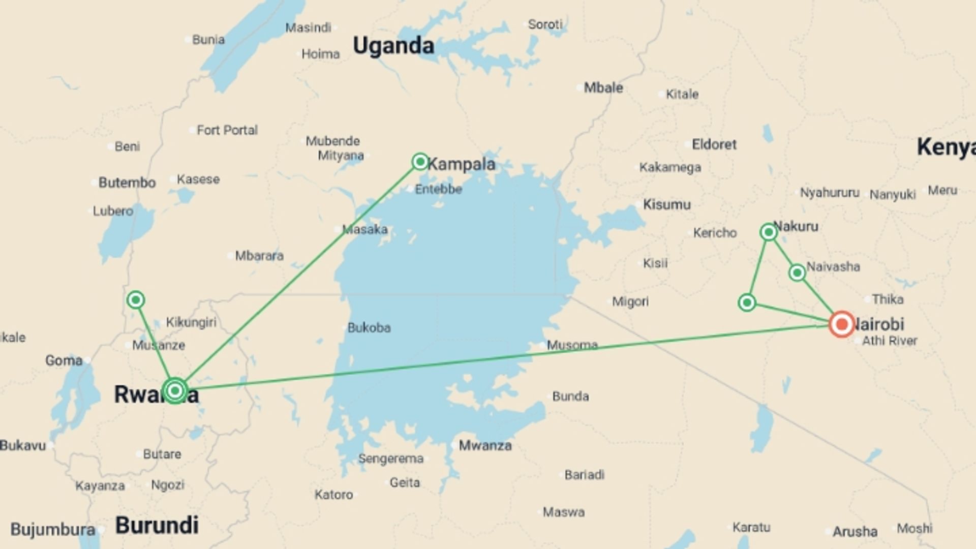 A map showing the tour itinerary for the trip: Premium Uganda, Rwanda & Kenya, starting in Kampala, Uganda and ending in Nairobi, Kenya going through 4 other destinations.
