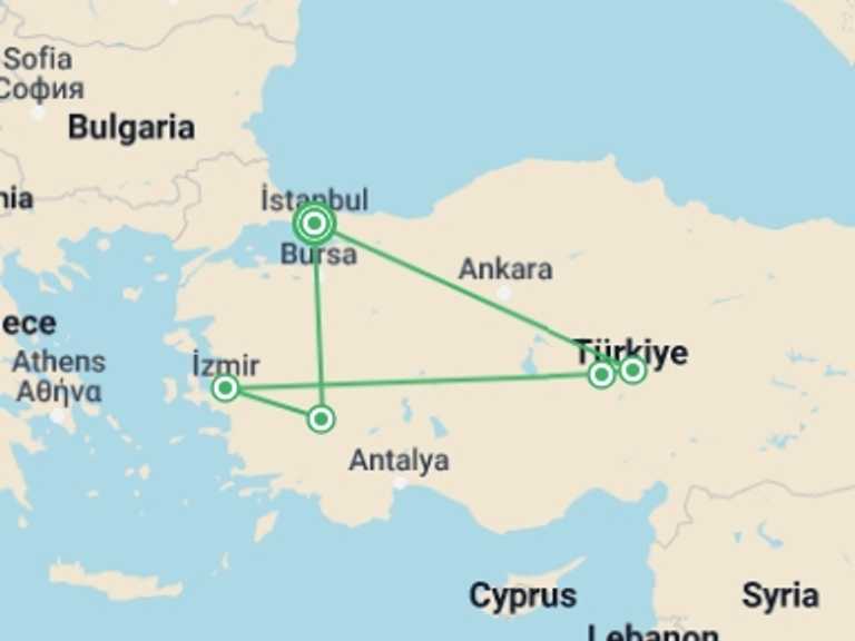 Map of Europe Tour with 6 destination visits for the trip: Istanbul, Cappadocia, Pamukkale, Ephesus 7 Day Package