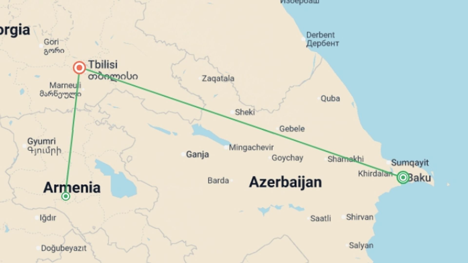 A map showing the tour itinerary for the trip: Caucasus Countries (7 days), starting in Baku, Azerbaijan and ending in Tbilisi, Georgia going through 1 other destinations.