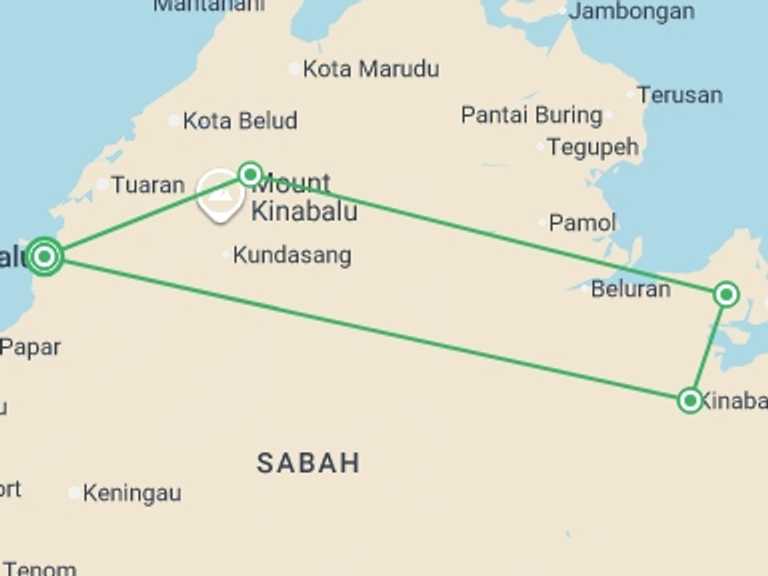 Map itinerary of Malaysia Tour in August 2026 with 4 destination visits for the trip: Family Borneo Wildlife Adventure