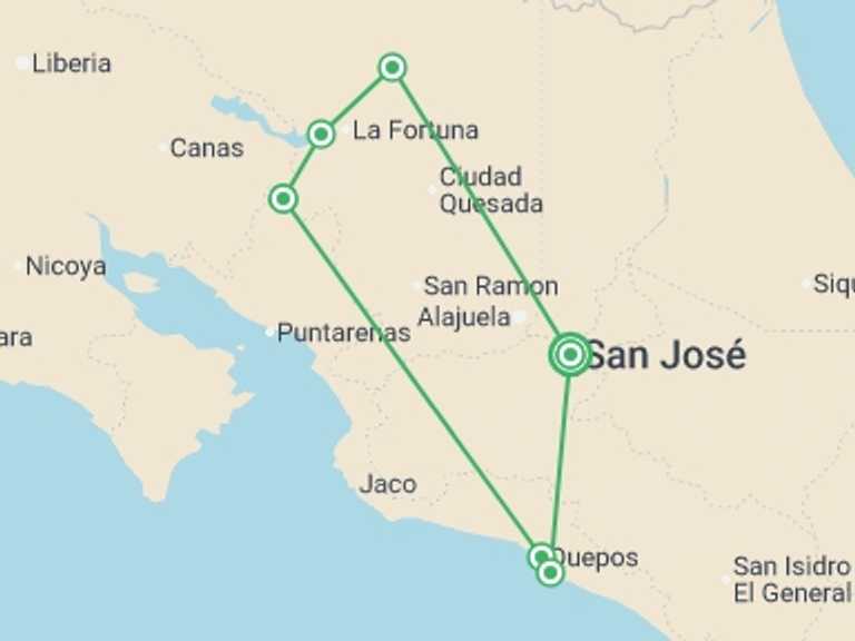 Map itinerary of Central America Tour in Spring with 8 destination visits for the trip: Costa Rica Experience