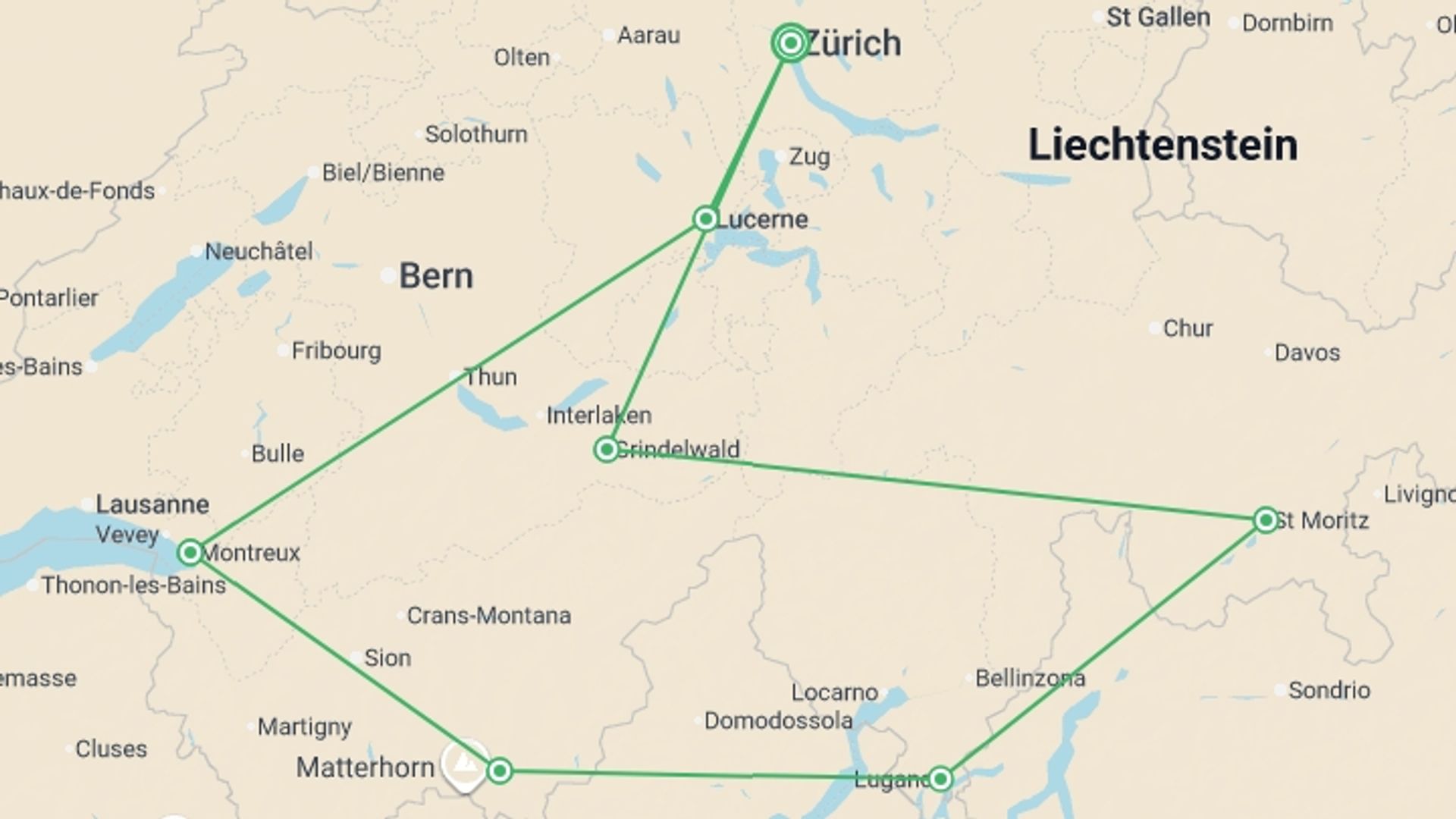 A map showing the tour itinerary for the trip: Country Roads of Switzerland - Small Group, starting in Zurich, Switzerland and ending in Zurich, Switzerland going through 6 other destinations.