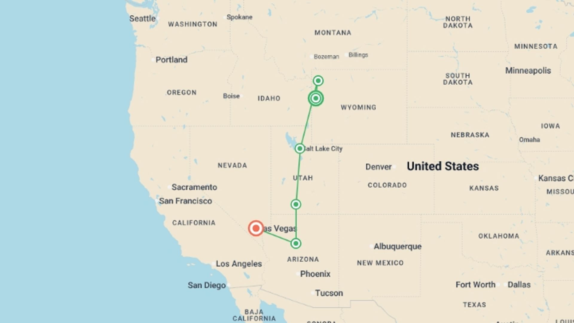 A map showing the tour itinerary for the trip: Five Epic National Parks, starting in Jackson, USA and ending in Las Vegas, USA going through 4 other destinations.