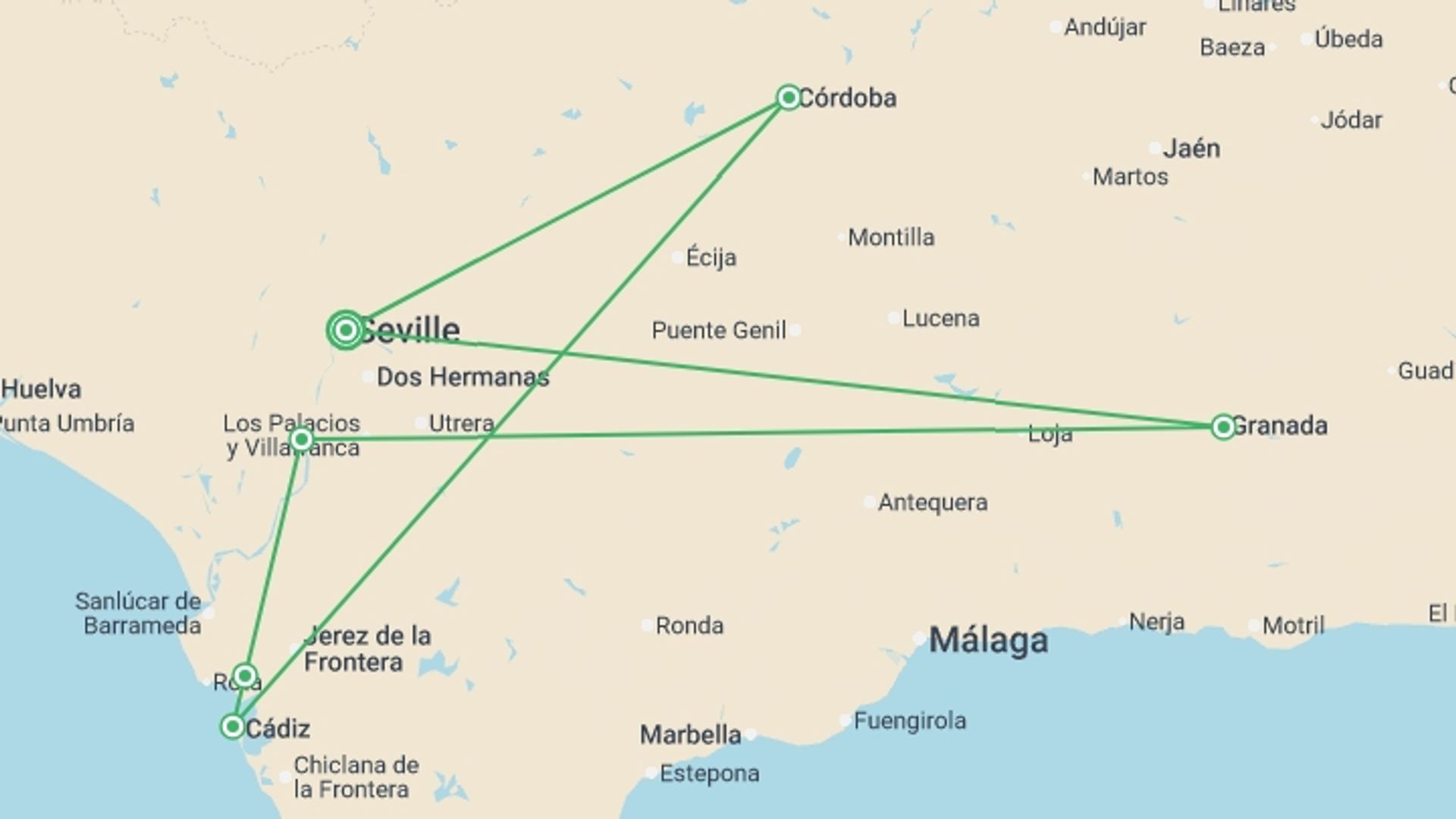 A map showing the tour itinerary for the trip: Andalusia Special ¿Feria¿: The Splendors of Andalusia Along the Guadalquivir (port-to-port cruise), starting in Seville, Spain and ending in Seville, Spain going through 6 other destinations.