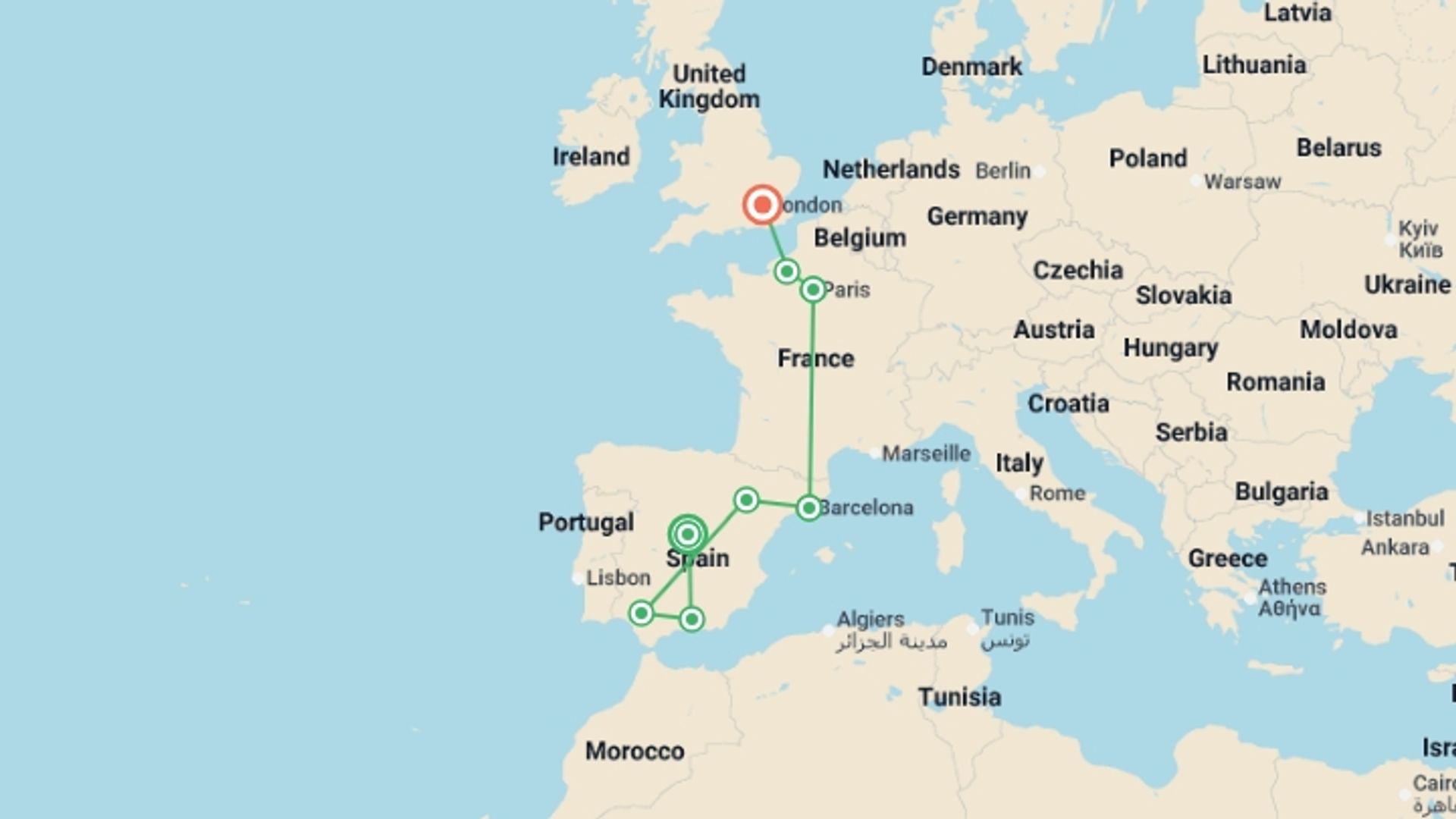 A map showing the tour itinerary for the trip: European Grandeur, starting in Madrid, Spain and ending in London, England going through 6 other destinations.