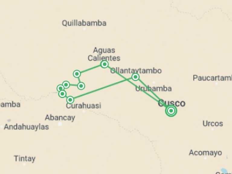 Map of 15-Day Peru Tour with 10 destination visits for the trip: Inca Rivers Trek - Choquequirao to Machu Picchu