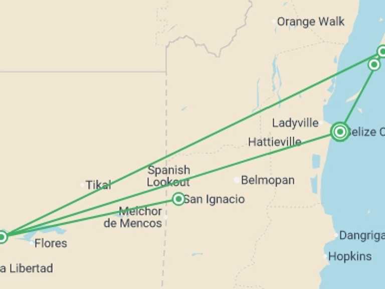 Map of Central America Tour with 5 destination visits for the trip: Belize Discovery - 8 days