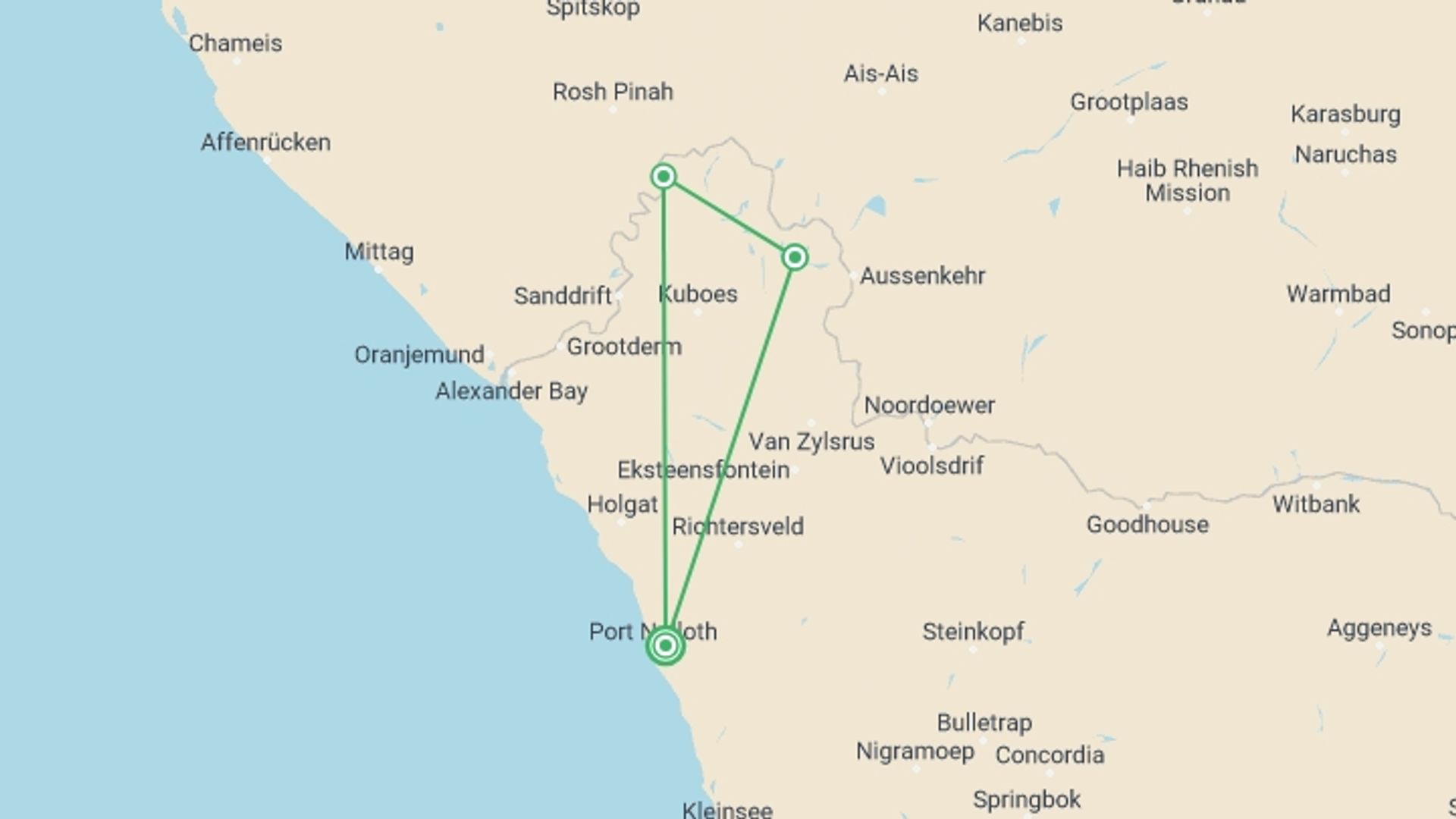 A map showing the tour itinerary for the trip: Richtersveld 4 days 5 nights, starting in Port Nolloth, South Africa and ending in Port Nolloth, South Africa going through 3 other destinations.