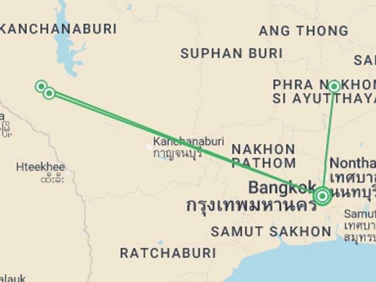 Map itinerary of Asia Tour in June 2026 with 3 destination visits for the trip: River Kwai Explorer & Ayutthaya - 5 days
