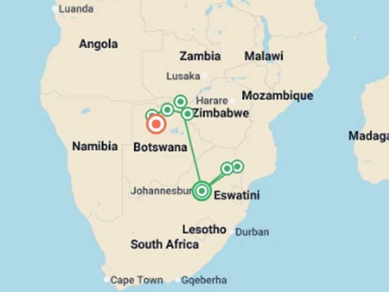 Map itinerary of Africa Tour in June 2026 with 8 destination visits for the trip: Journeys: Southern Africa Safari Experience